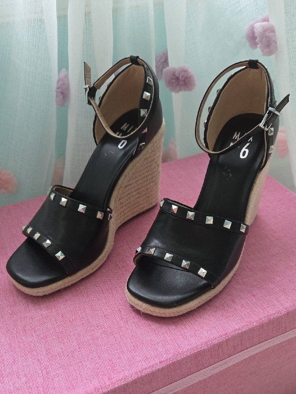Mix No. 6  Dreamm Studded Espadrille Wedge Sandals with Tan Rope Heel